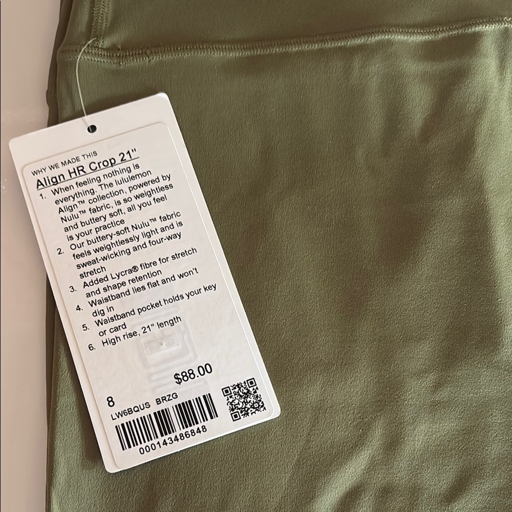 Lululemon Align High-Rise Crop 21" in bronze green size 8 NWT